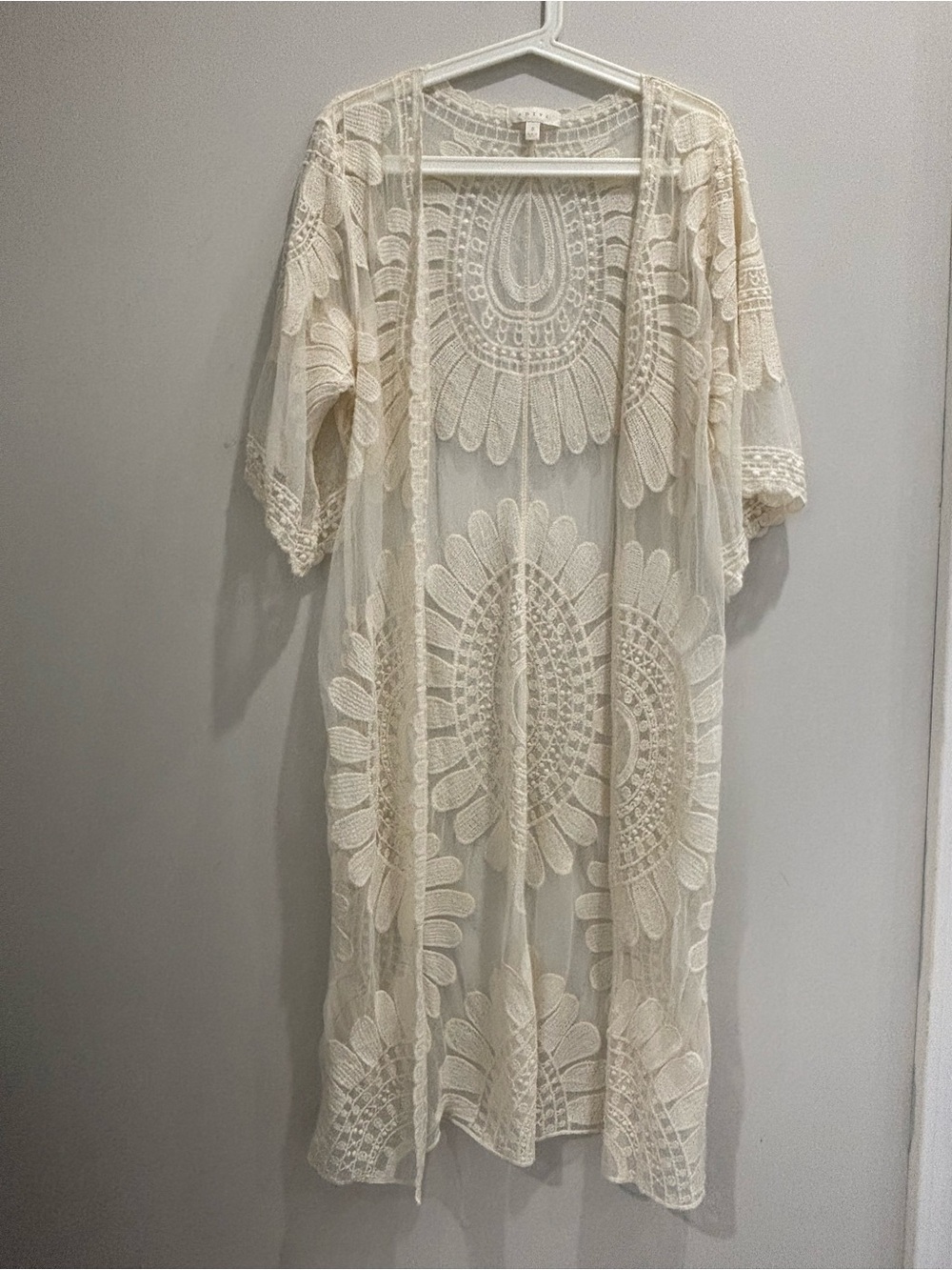 Adiva Cream Crochet Lace Long Kimono Top